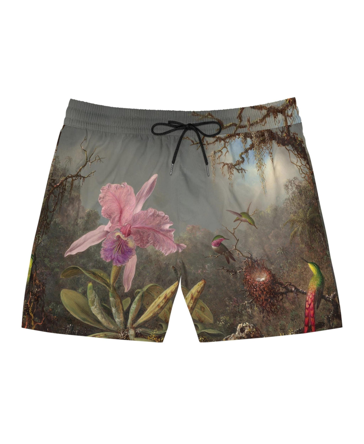 Art Print Swim Shorts | Cattleya Orchid and Three Hummingbirds by Johnson Heade