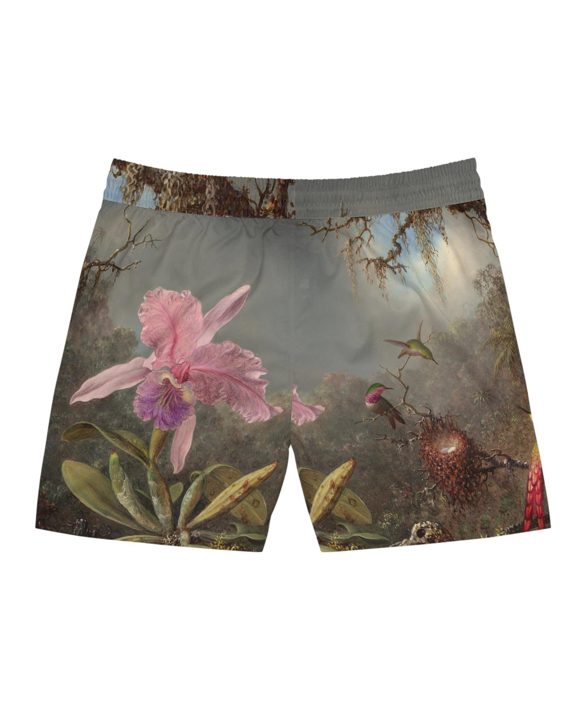 Art Print Swim Shorts | Cattleya Orchid and Three Hummingbirds by Johnson Heade